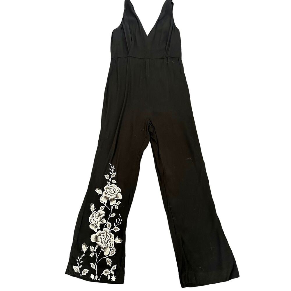 Anthropologie HD in Paris Embroidered Rose Black Wide Leg Jumpsuit Size 8 Boho